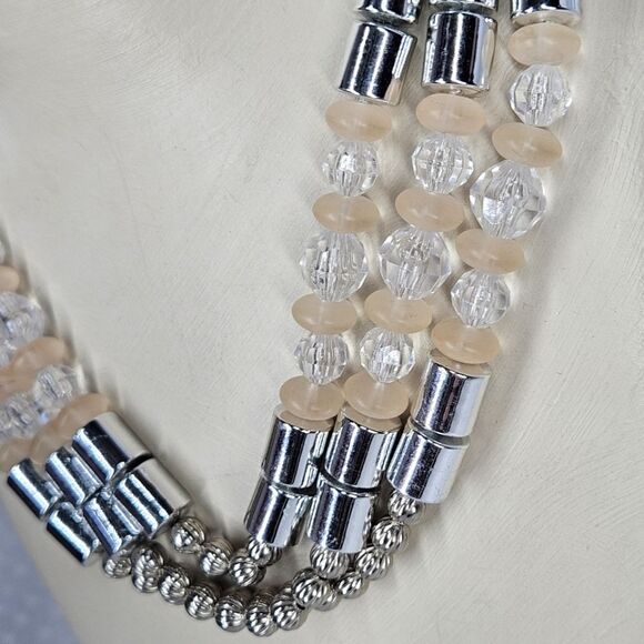 Dramatic Triple Strand Acrylic Beaded Necklace - Peach & Silver - Picture 6 of 10